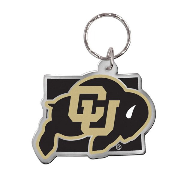 Plastic Colorado Buffaloes state-shaped keychain with mirrored back and CU logo